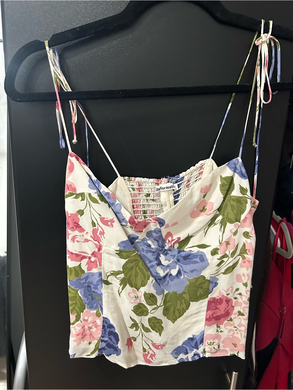 Reformation Tie-Strap Floral Cami in Pink, Blue & Green on Cream